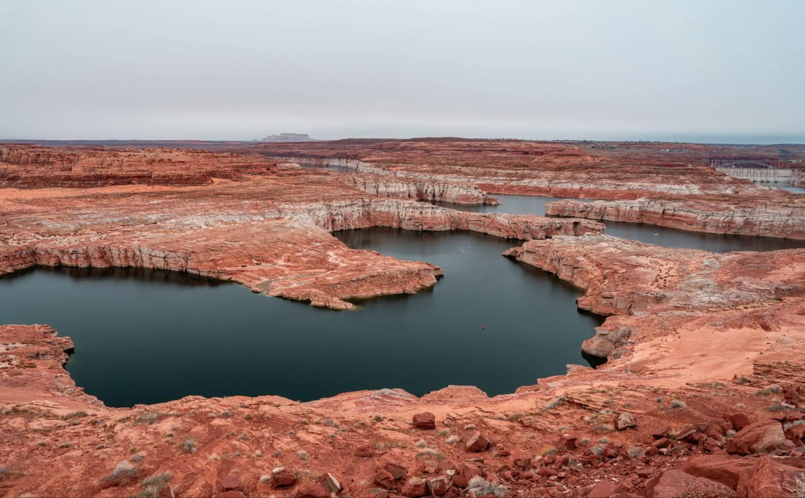 Aerial view of a winding river through red rock canyons under an overcast sky.