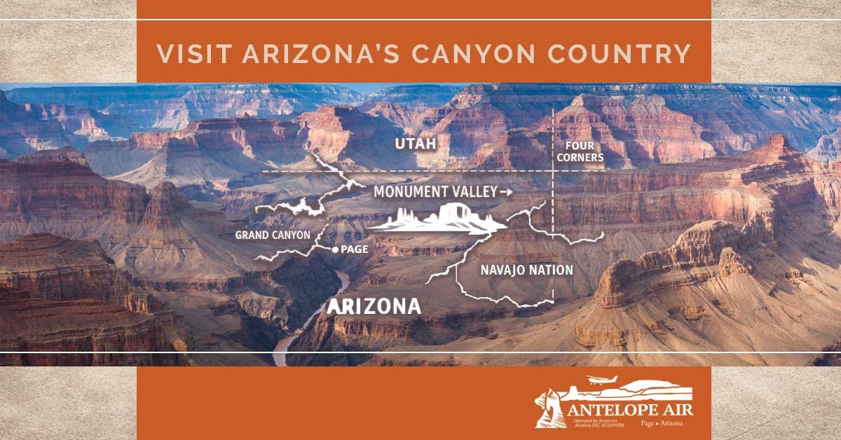 Map of Arizona's Canyon Country with landmarks overlaid on Grand Canyon image.