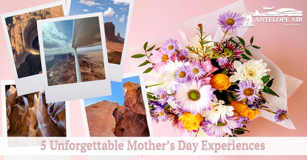 Bouquet of flowers with polaroid photos featuring scenic landscapes, text: '5 Unforgettable Mother's Day Experiences'.