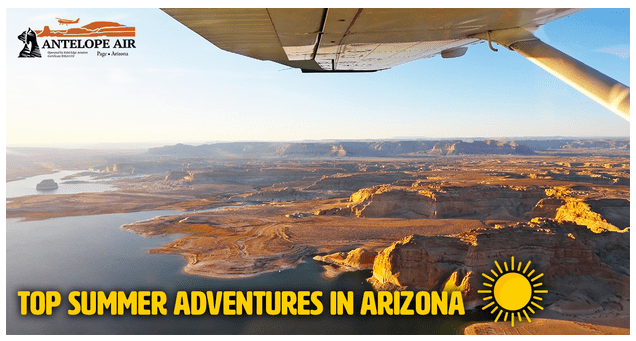 Aerial view of desert landscape and river under airplane wing.