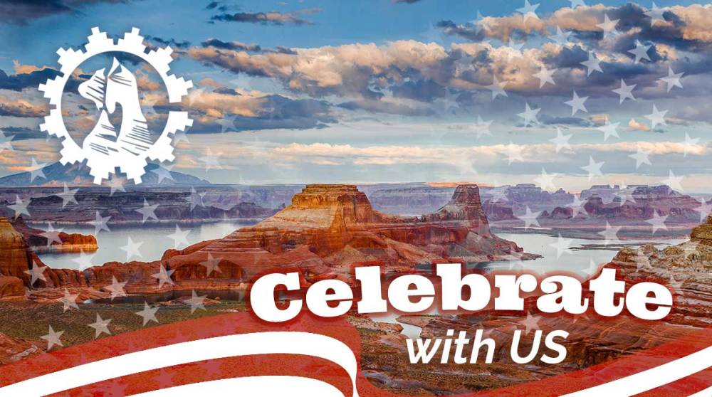 Scenic canyon with clouds, stars, and stripes overlay; 'Celebrate with US' text at bottom.