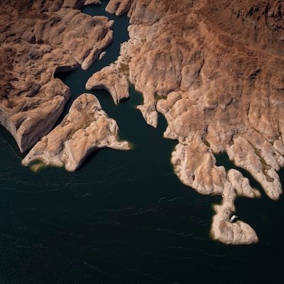 Aerial view of rugged, rocky landscape with dark water inlets.
