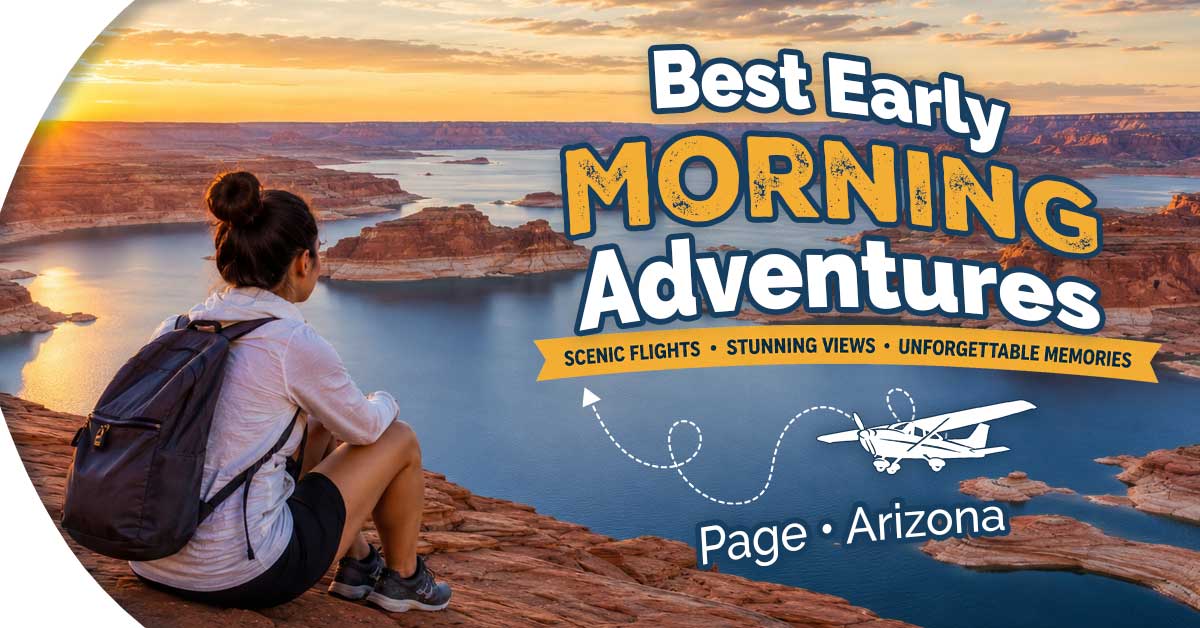 Person sitting on cliff overlooking lake at sunrise; text promotes morning adventures in Page, Arizona.